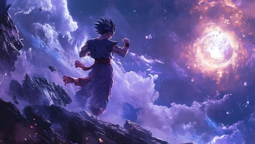 Digital painting of cosmic warrior against luminous energy sphere.