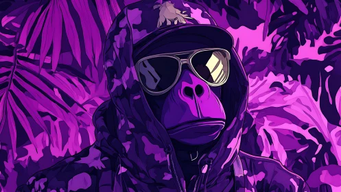 Purple neon gorilla in hoodie and shades in jungle scene.