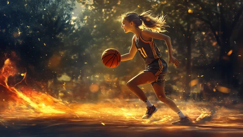 Female basketball player running on fiery outdoor court.