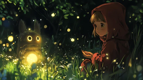 Child meets glowing forest spirit in luminous night meadow.