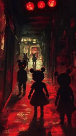 Crimson corridor of doll-headed shadows stalking the dark.