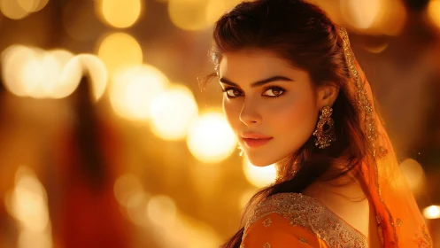 Woman in orange traditional attire with warm bokeh lights.