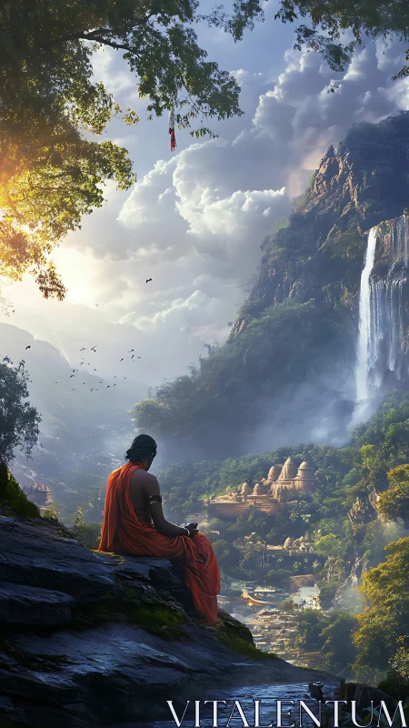 Solitary monk overlooking misted valley temples and waterfall