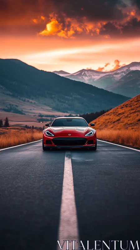 Crimson sports car greeting a glowing mountain sunset road.