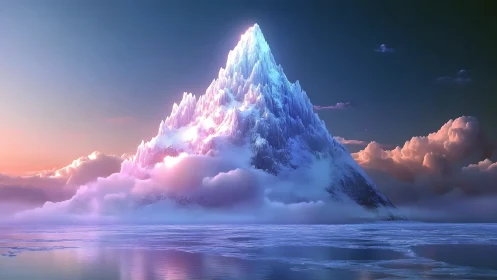 Ice mountain peak rises above cloud layer over calm water