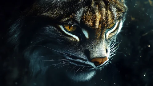 Golden-eyed wild cat gazes softly into the dusky dark