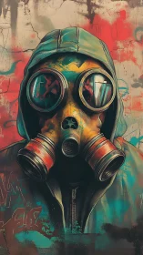 Hooded figure wears gas mask before graffiti wall