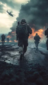 Storm-darkened battlefield shows soldiers moving toward fire