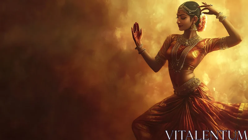 Classical Indian dancer moves through golden swirling light