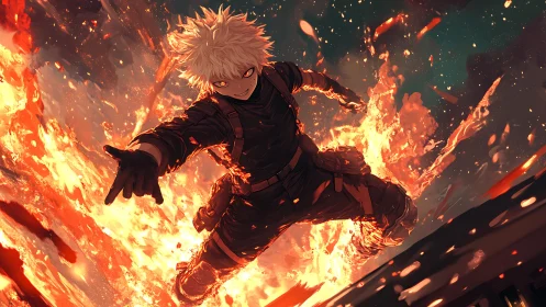 White haired figure in midair amid orange explosive flames.