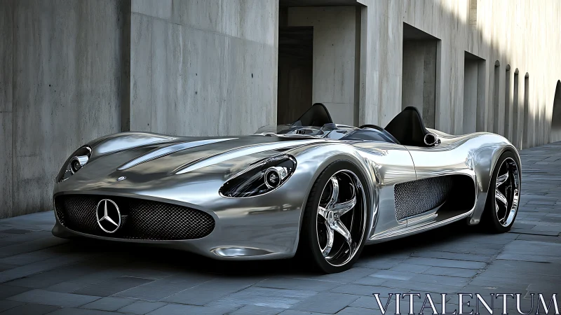 Silver street racer catching sunlight between tall walls.