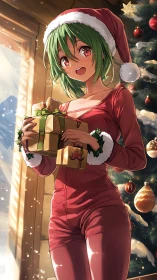 Green haired girl in Santa outfit holding Christmas gifts.