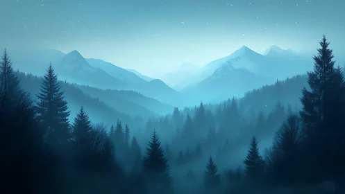 Misty Mountains at Dawn: A Tranquil Alpine Journey.