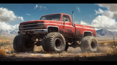 Weathered red monster truck dominates dusty desert trail