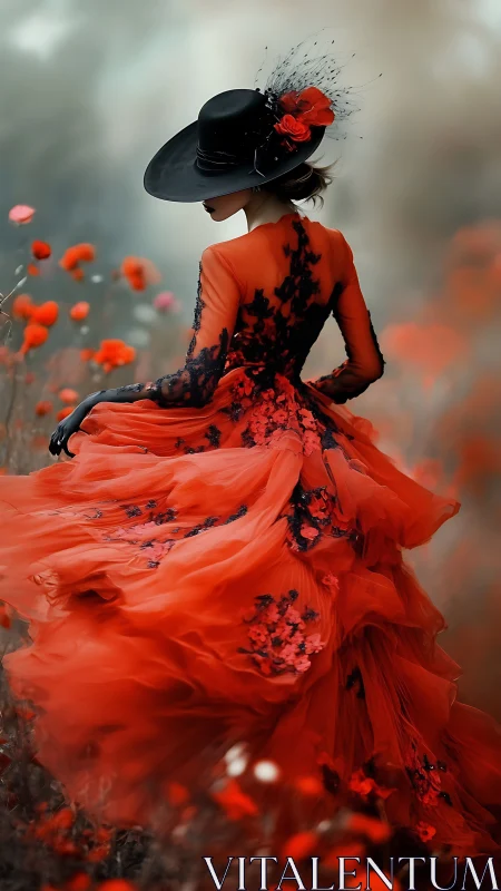 Cinematic study of scarlet tulle gown amid poppy field winds.