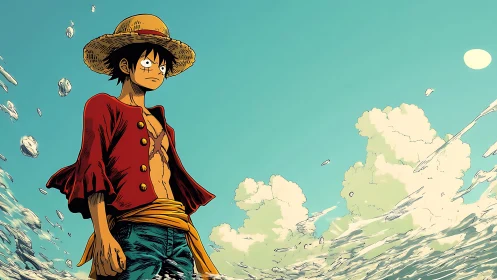 Straw hat character standing in shallow sea under clear sky.