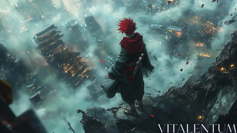 Scarlet wanderer studies a storm-lit city of falling embers