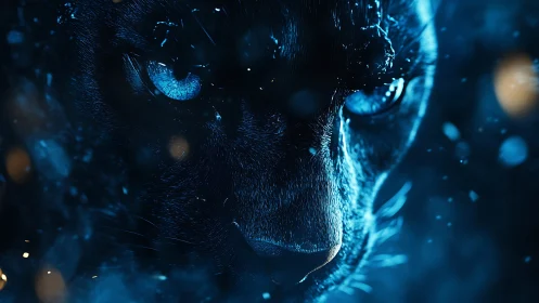 Cinematic close-up renders a blue-lit panther in icy focus