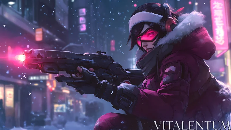 Cyberpunk sniper aims neon-charged rifle in snowy urban alley