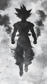 Silhouetted warrior ascends within swirling monochrome smoke