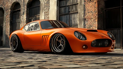 Orange custom coupe parked by aged industrial brick walls.