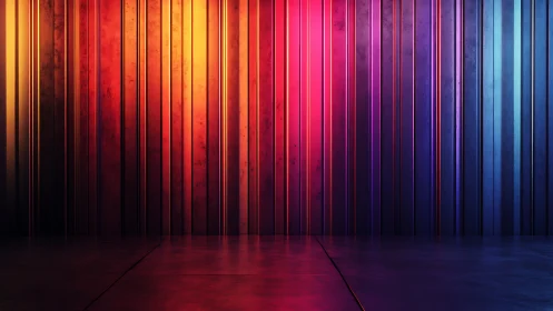 Chromatic metal wall with neon vertical gradient lighting.