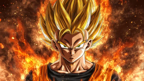 Fiery anime warrior stands confident amid blazing power