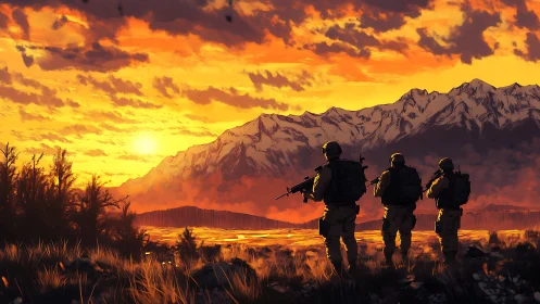 Soldiers cross a sunset valley beneath snow-capped mountains.