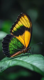 Vibrant yellow green butterfly rests on leaf in rainforest