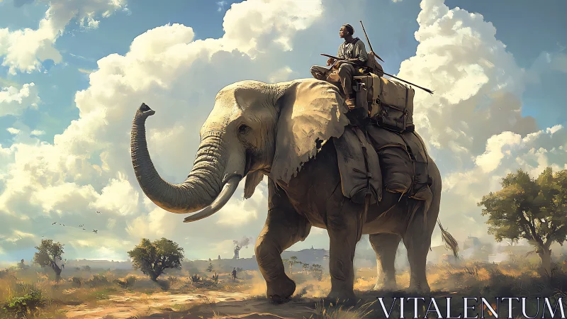 Digital painting of a loaded safari elephant with distant savanna horizon.