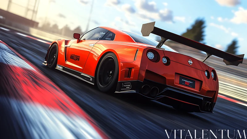 Widebody orange track-spec Nissan GT-R with aero kit in motion