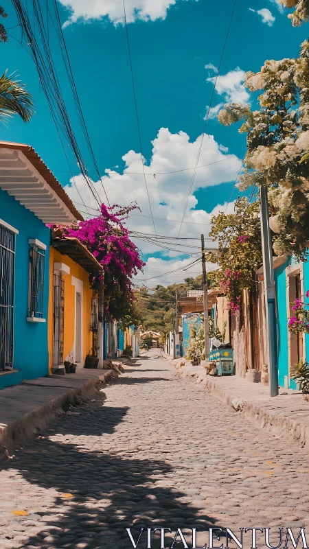 Sunstruck cobblestone lane with turquoise walls and blooms.