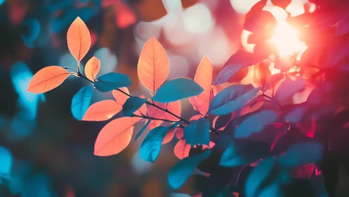 Vibrant leaves with dreamy bokeh and colorful sunlight effect.