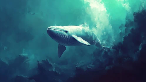 Gentle blue whale drifting through glowing ocean depths.