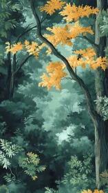 Forest Canopy: Golden Autumn Foliage Through Emerald Mist.