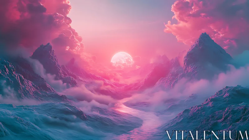 Surreal pink mountains with mist and distant glowing sun.