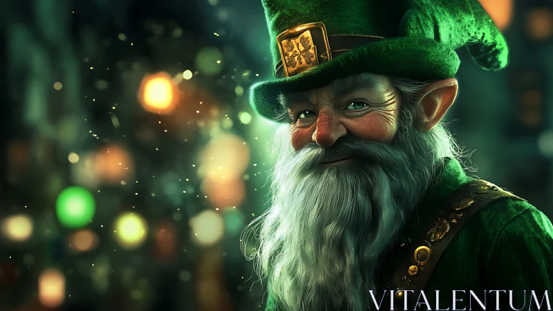Emerald street leprechaun smiling beneath glowing lanterns.