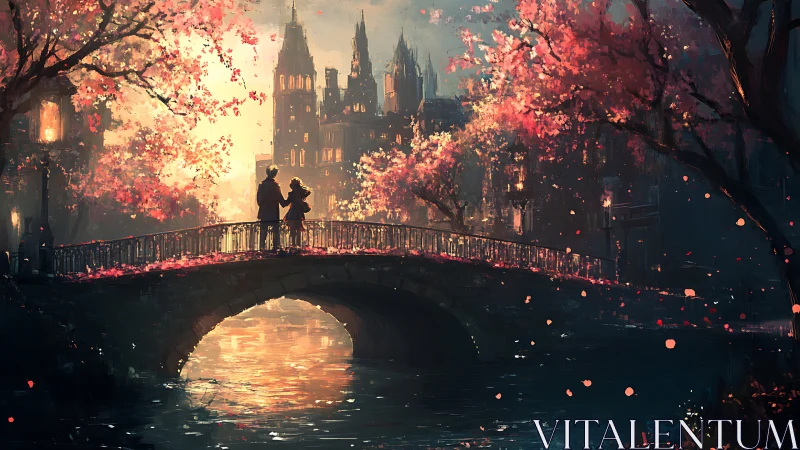 Digital painting of romantic bridge at dusk with autumn bloom.