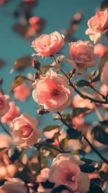 Soft pink blooms against turquoise sky.