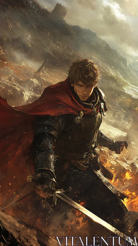 Armored swordsman with red cloak in burning war-torn valley