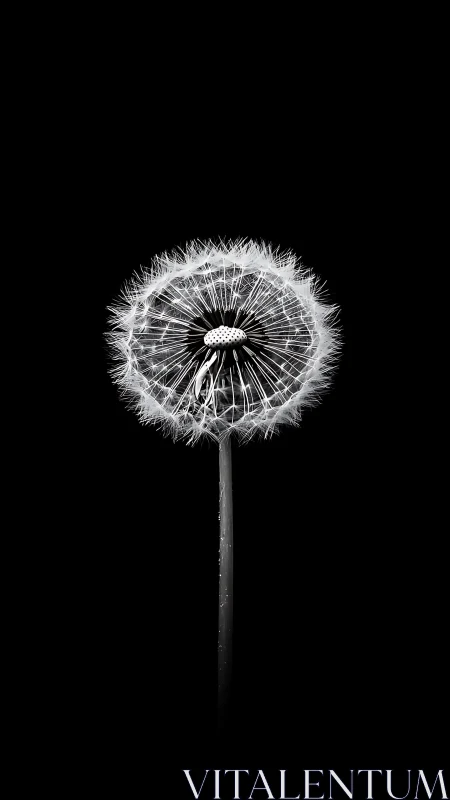 Dandelion seed head stands isolated against solid black background.