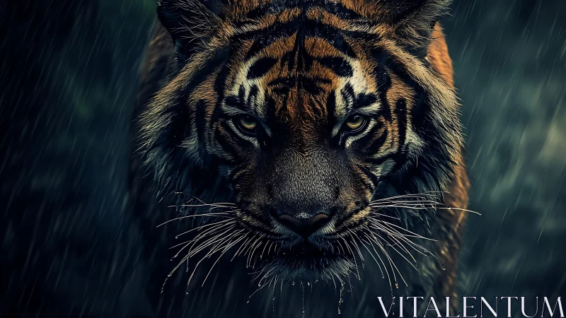 Tiger moves forward in rain with sharp focus on face