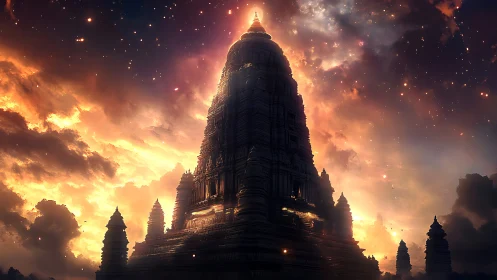 Monumental stone temple silhouette under nebular stellar sky glow