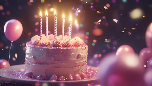 Pink Birthday Cake with Lit Candles and Bokeh Decorations