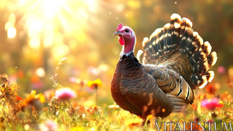Wild Turkey Display: Vibrant Plumage Against Golden Wildflower Meadow
