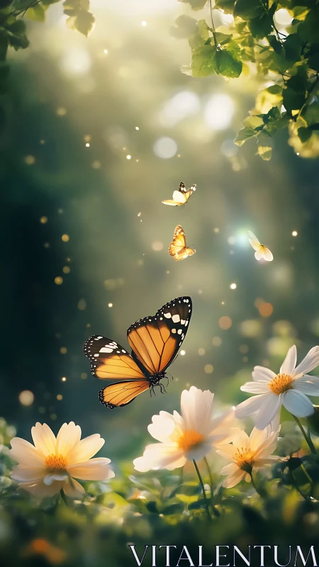 Sunlit monarch butterflies drifting over glowing daisies.