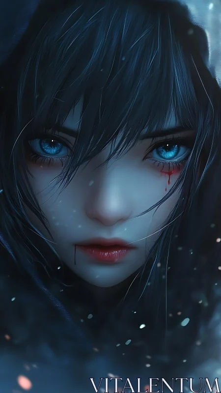 Haunting blue-eyed girl stares through snowfall in silence