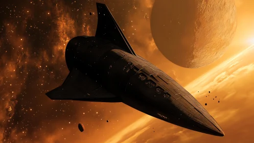 Sleek starship glides past molten planet in glowing nebula.