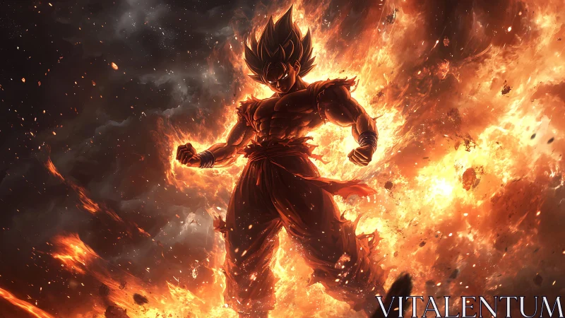 Silhouetted anime fighter amid intense fiery explosion field.