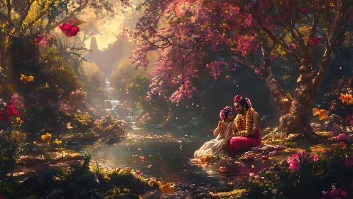 Divine lovers rest beside luminous spring forest stream.